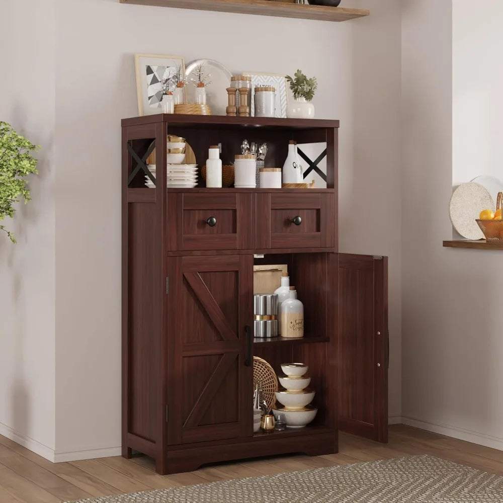 Set of 2 Dark Brown Pantry Storage Cabinets with Shelves