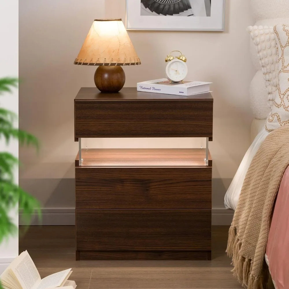 Set of 2 LED Nightstands with 3 Drawers – Modern Bedside Tables