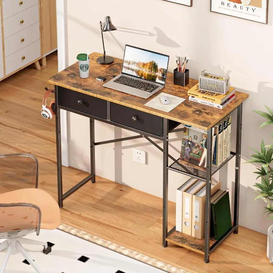 36" Small Writing Desk with Drawers & Shelves