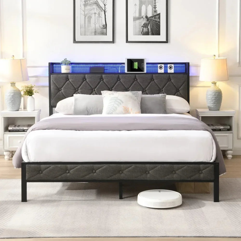 Full Upholstered Platform Bed with Storage Headboard & LED