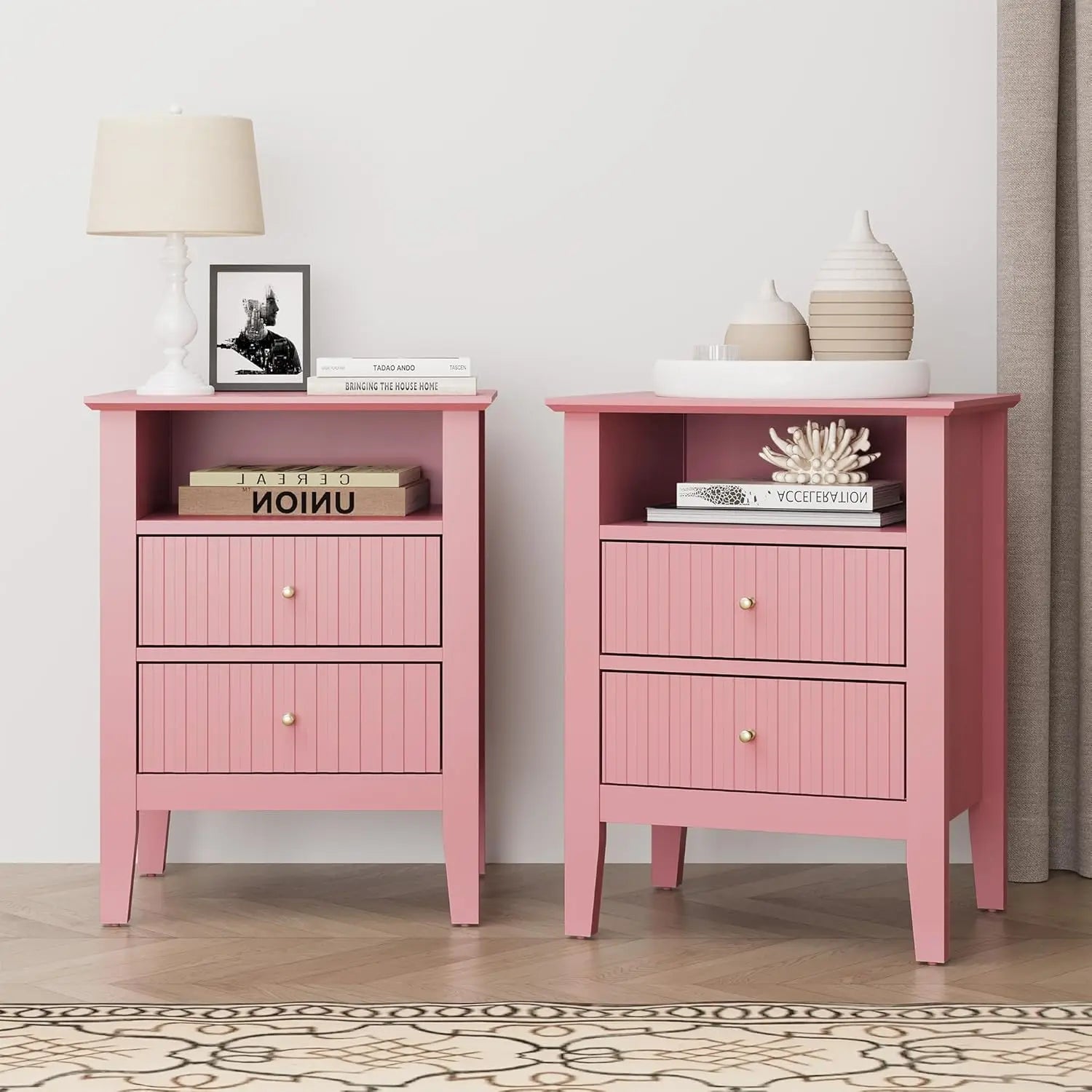 Green Fluted 2-Drawer Nightstand – Modern End Table