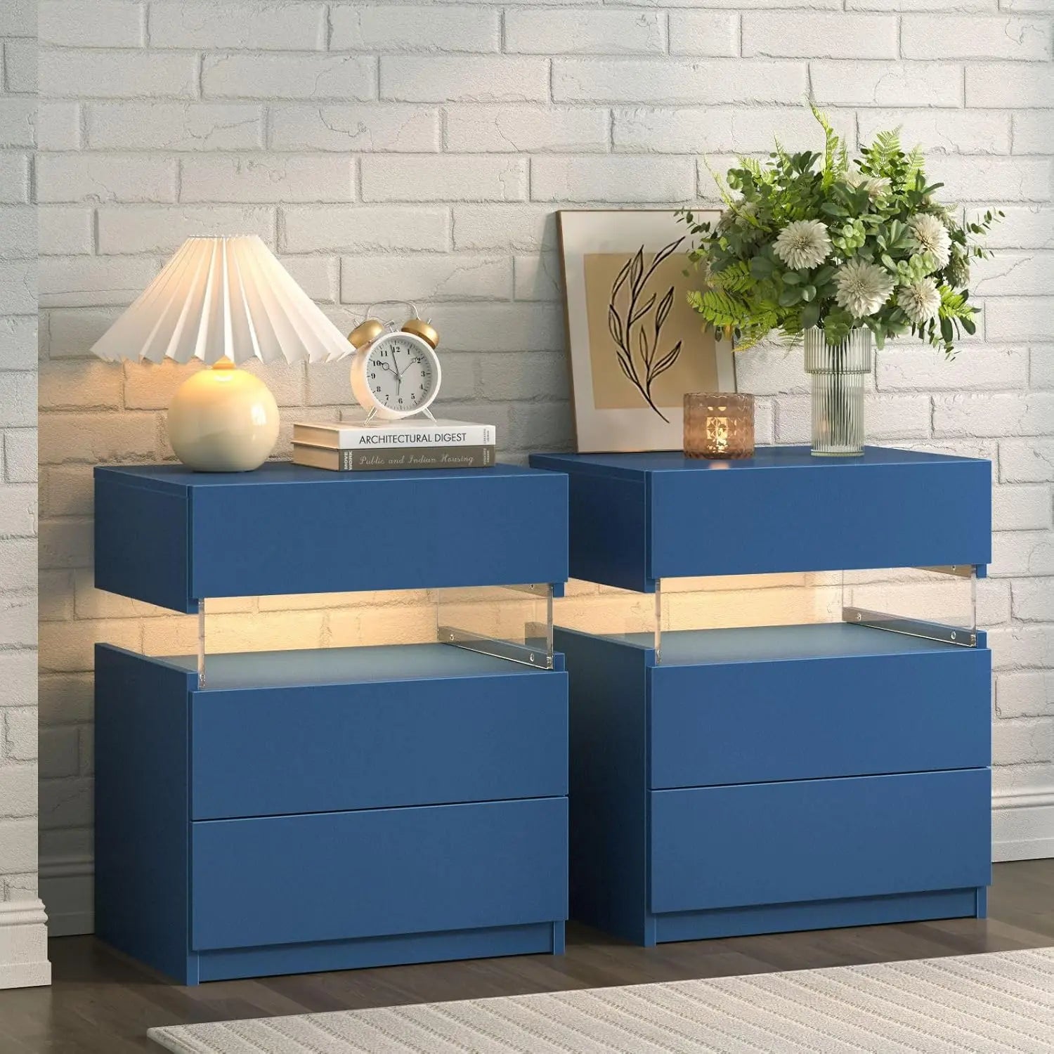 Set of 2 LED Nightstands with 3 Drawers – Modern Bedside Tables