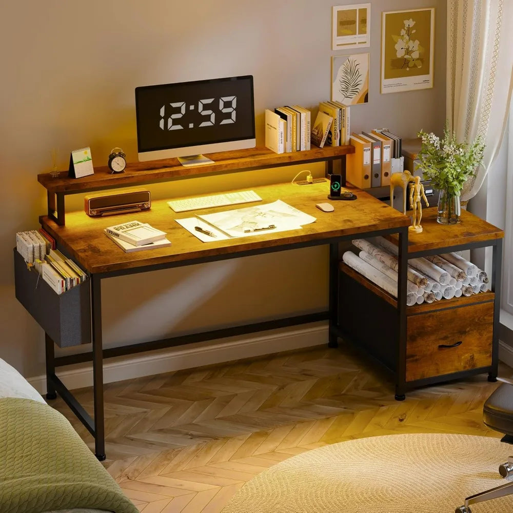57" Office Desk with Drawers & Power Outlets