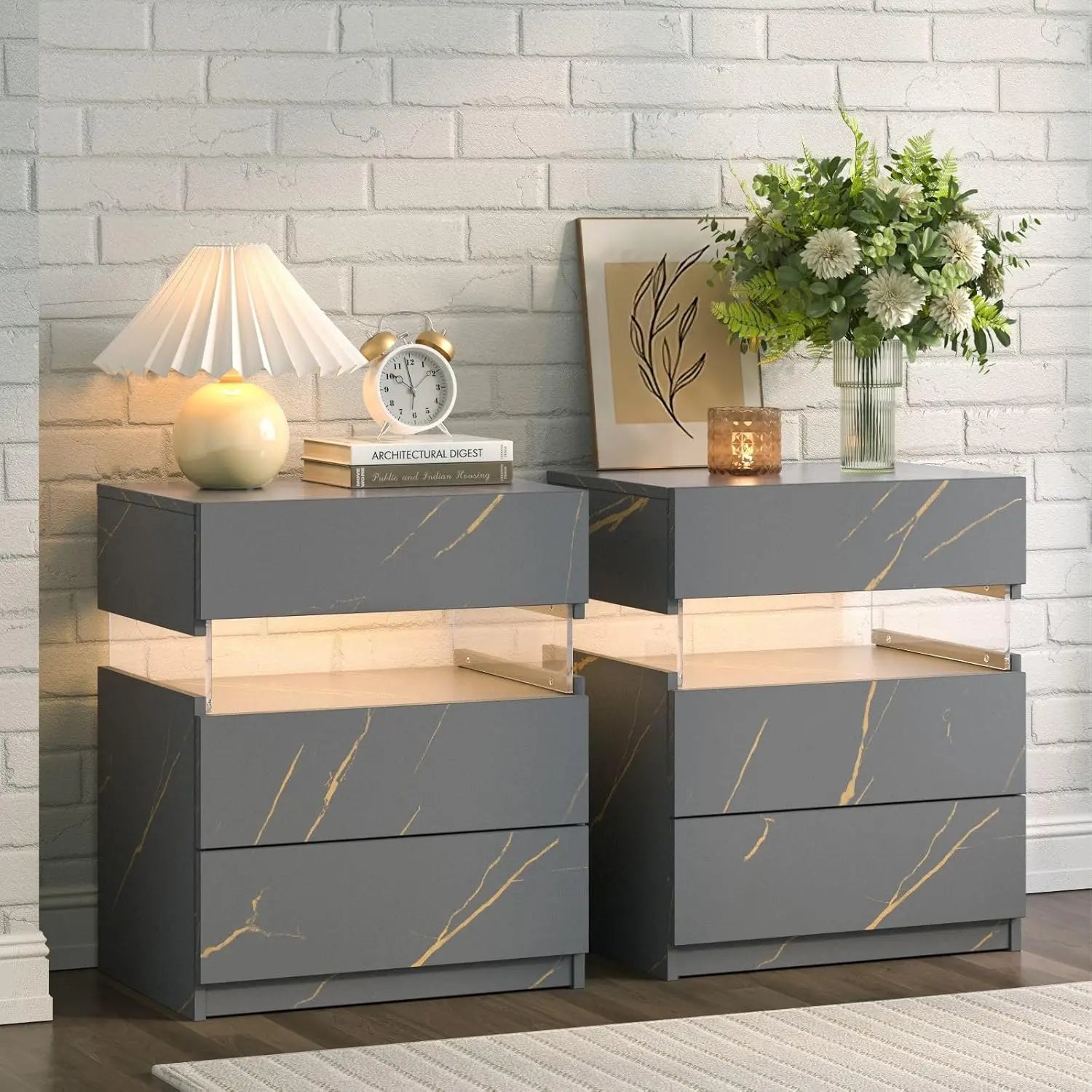 Set of 2 LED Nightstands with 3 Drawers – Modern Bedside Tables
