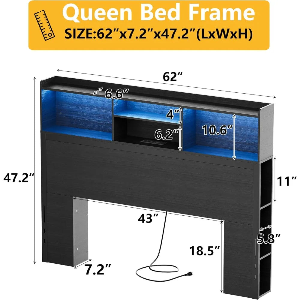 Queen/Full Bookcase Headboard with LED & Charging Station