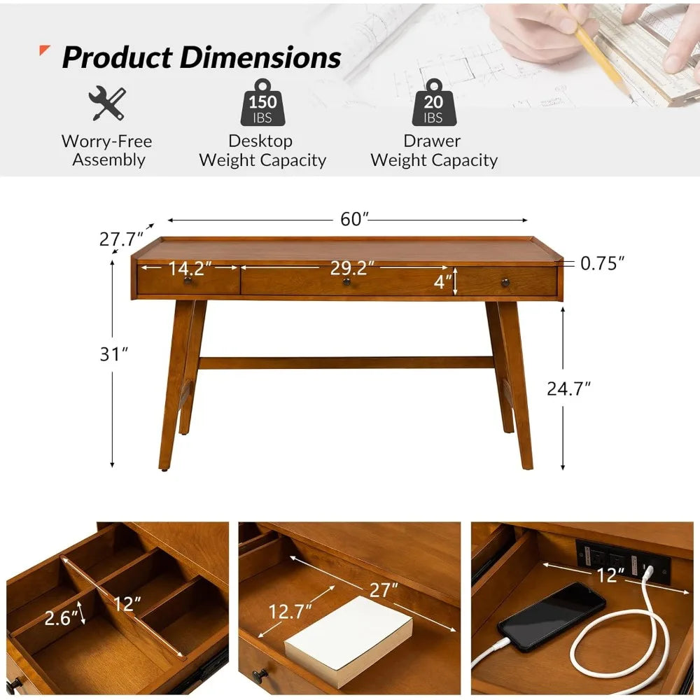 Mid-Century Home Office Desk with Charging Station
