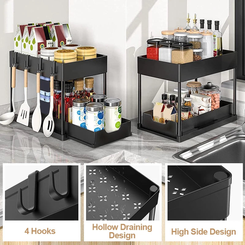 2-Tier Sliding Under Sink Organizer with Hooks