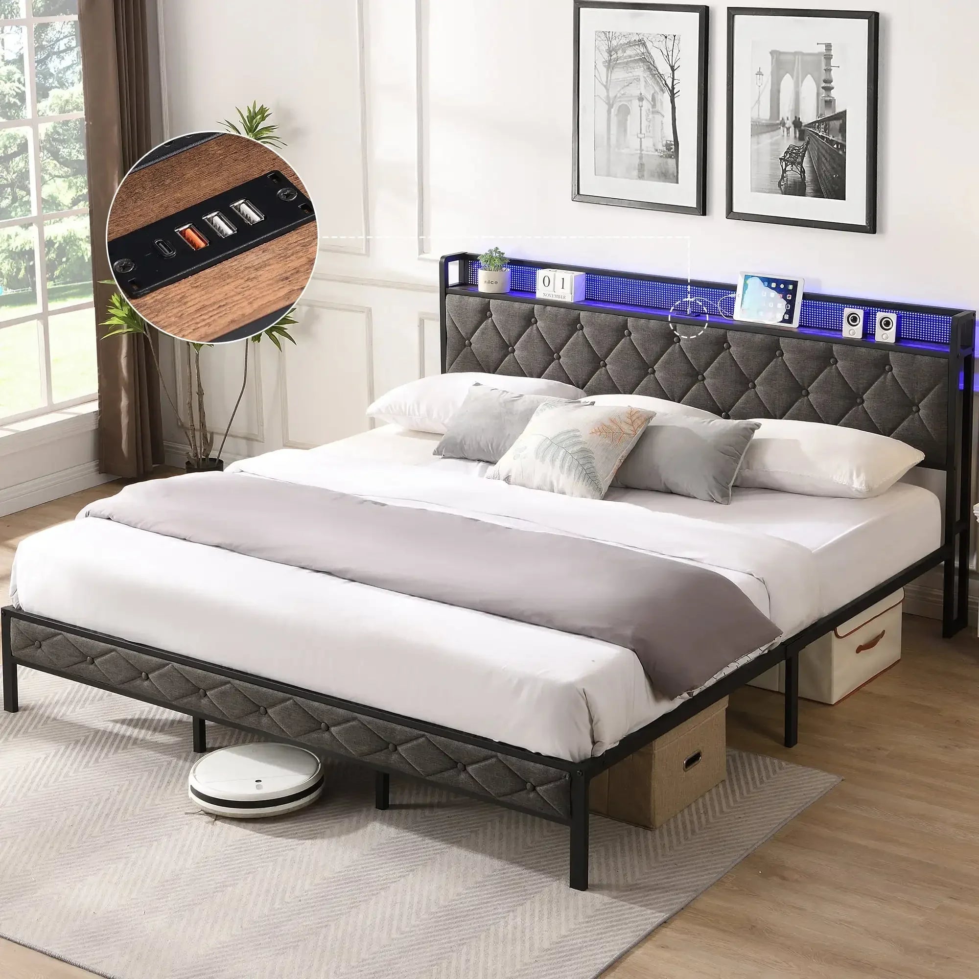 Full Upholstered Platform Bed with Storage Headboard & LED