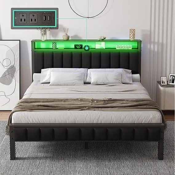 Queen LED Platform Bed Frame with Storage & Charging