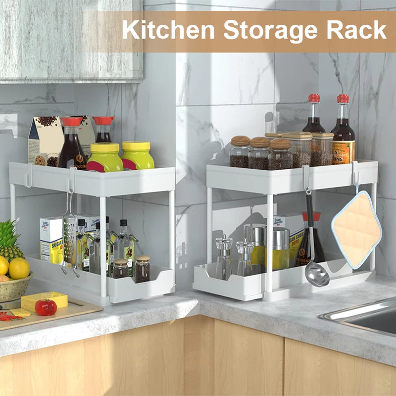 2-Tier Sliding Under Sink Organizer with Hooks
