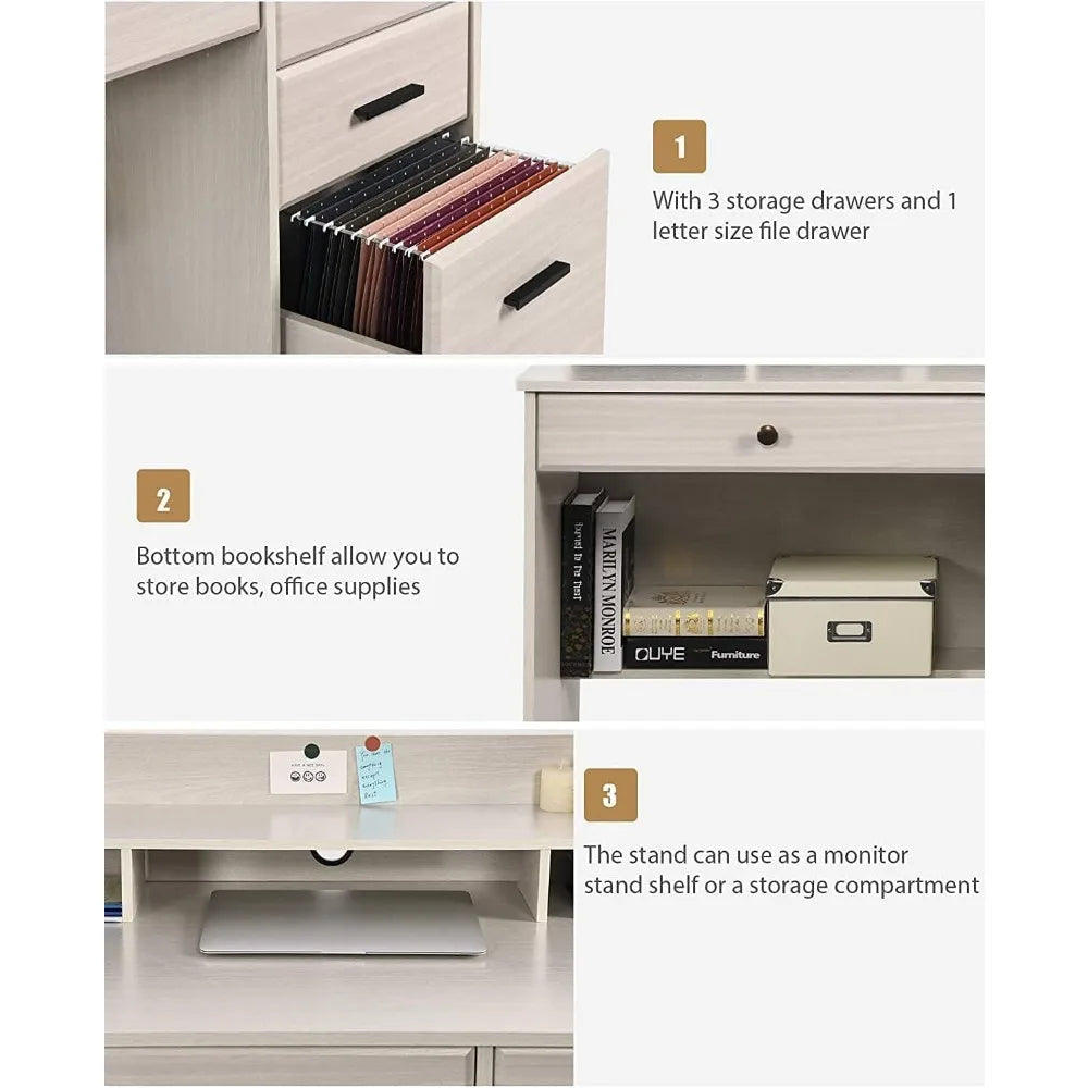 White Home Office Desk with Drawers & Hutch