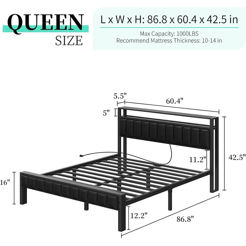 Queen LED Platform Bed Frame with Storage & Charging