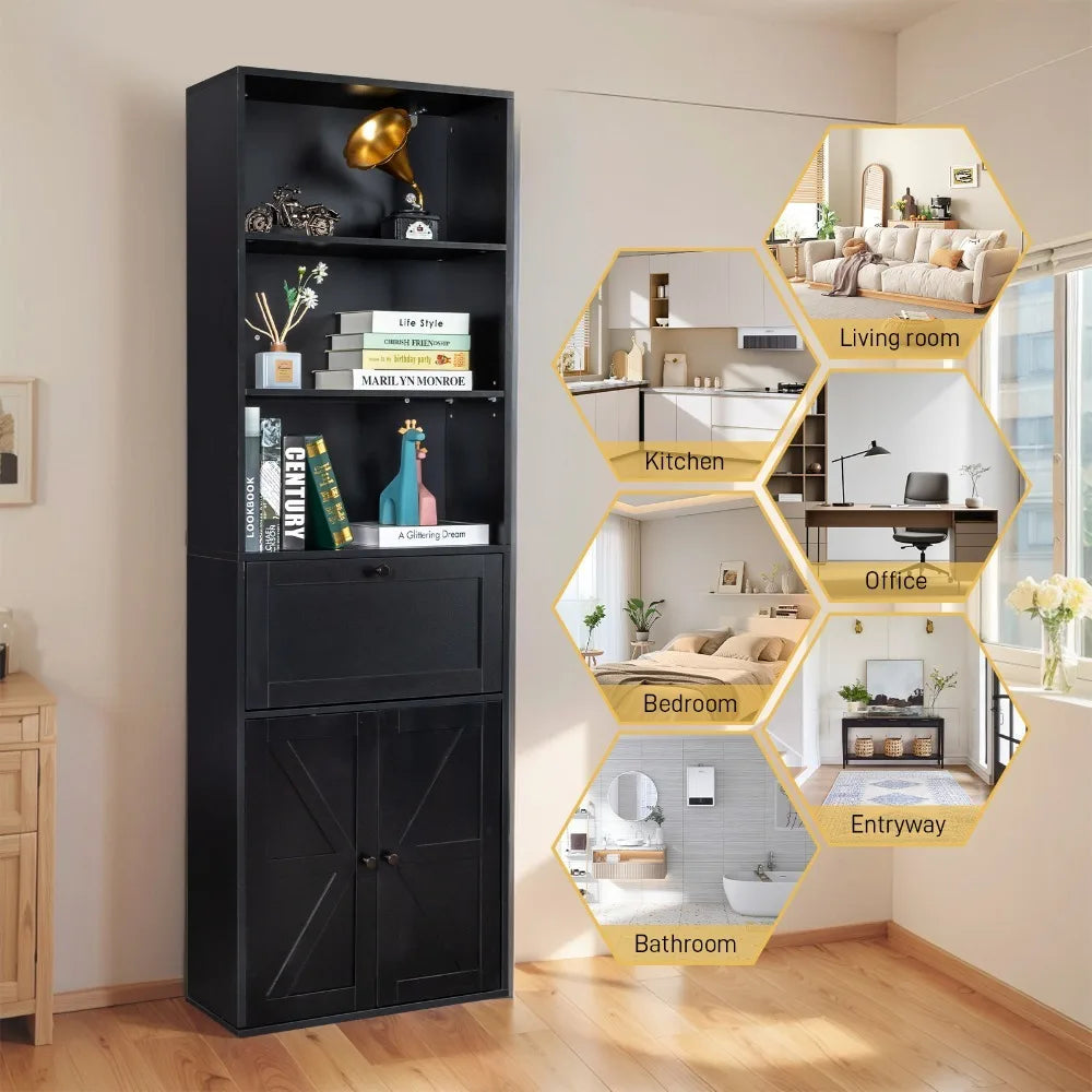3-Layer Double Z Cabinet with Drawer – Black 60×180cm