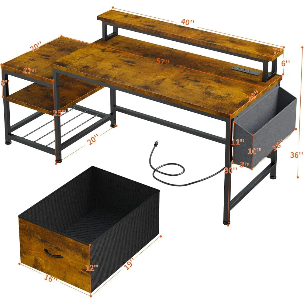 57" Office Desk with Drawers & Power Outlets