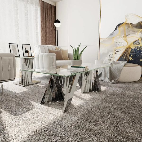 50" Glass Coffee Table – Rectangular with Steel Base