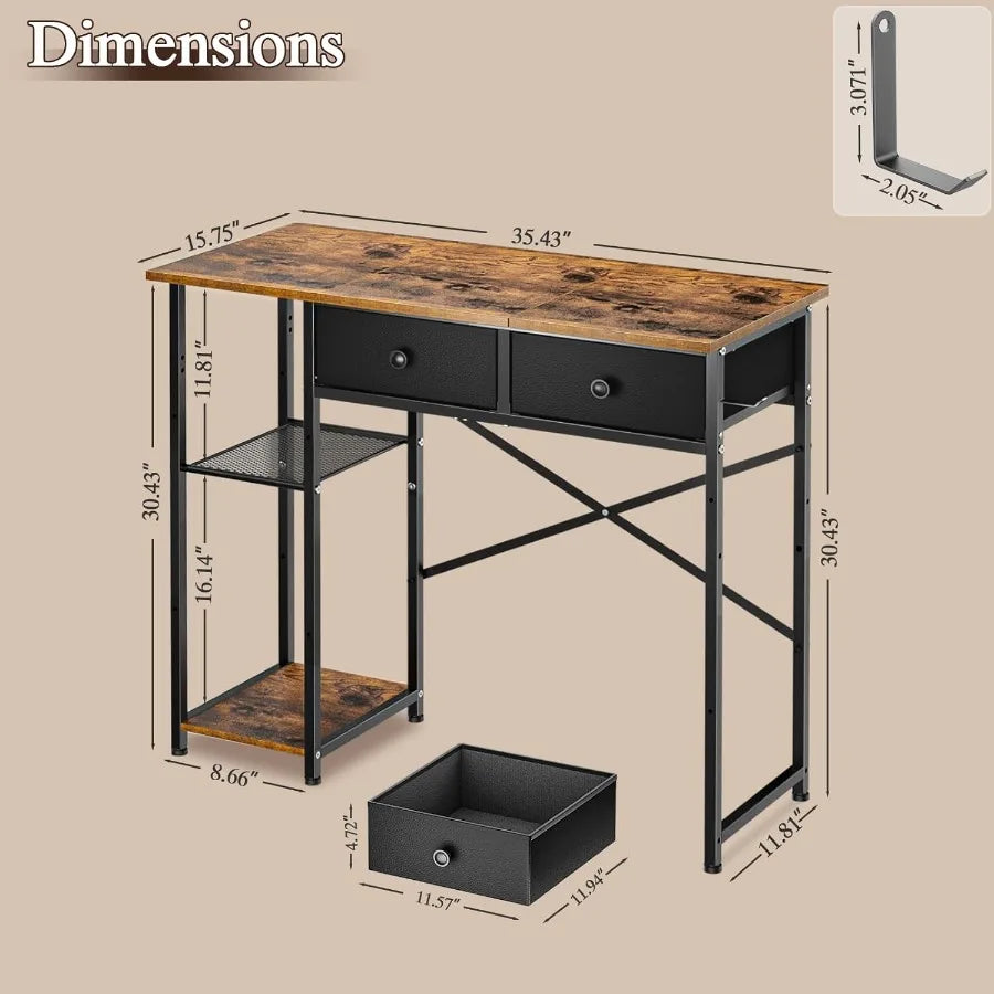 36" Small Writing Desk with Drawers & Shelves