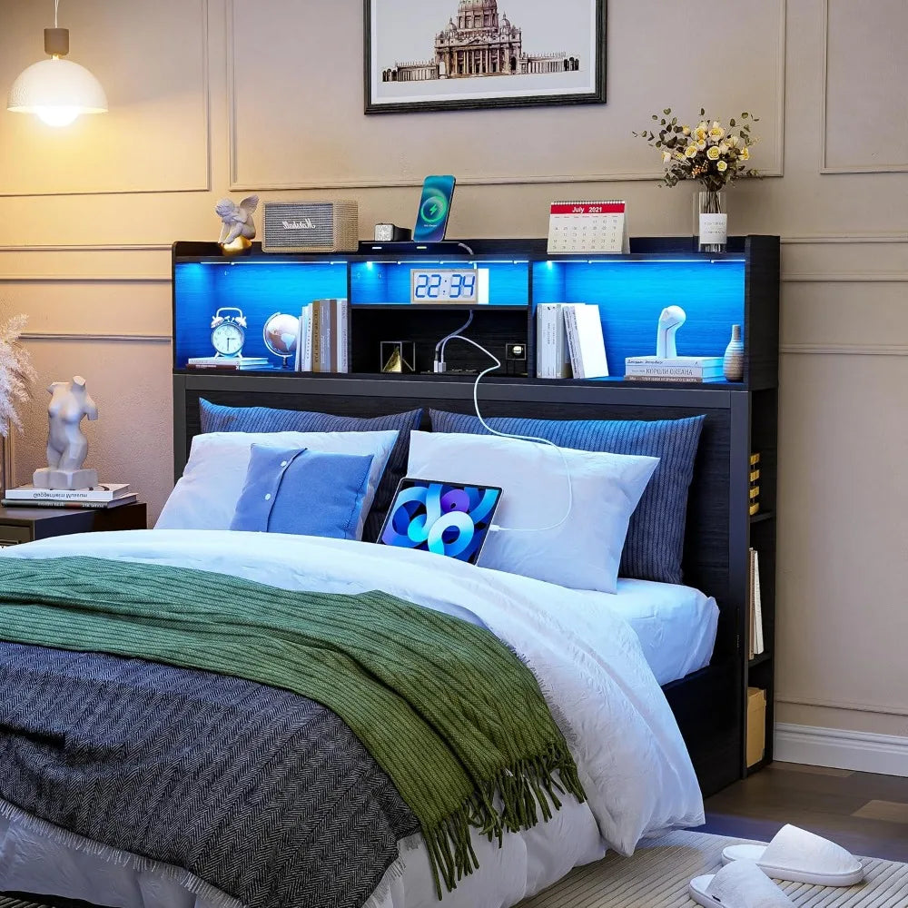 Queen/Full Bookcase Headboard with LED & Charging Station