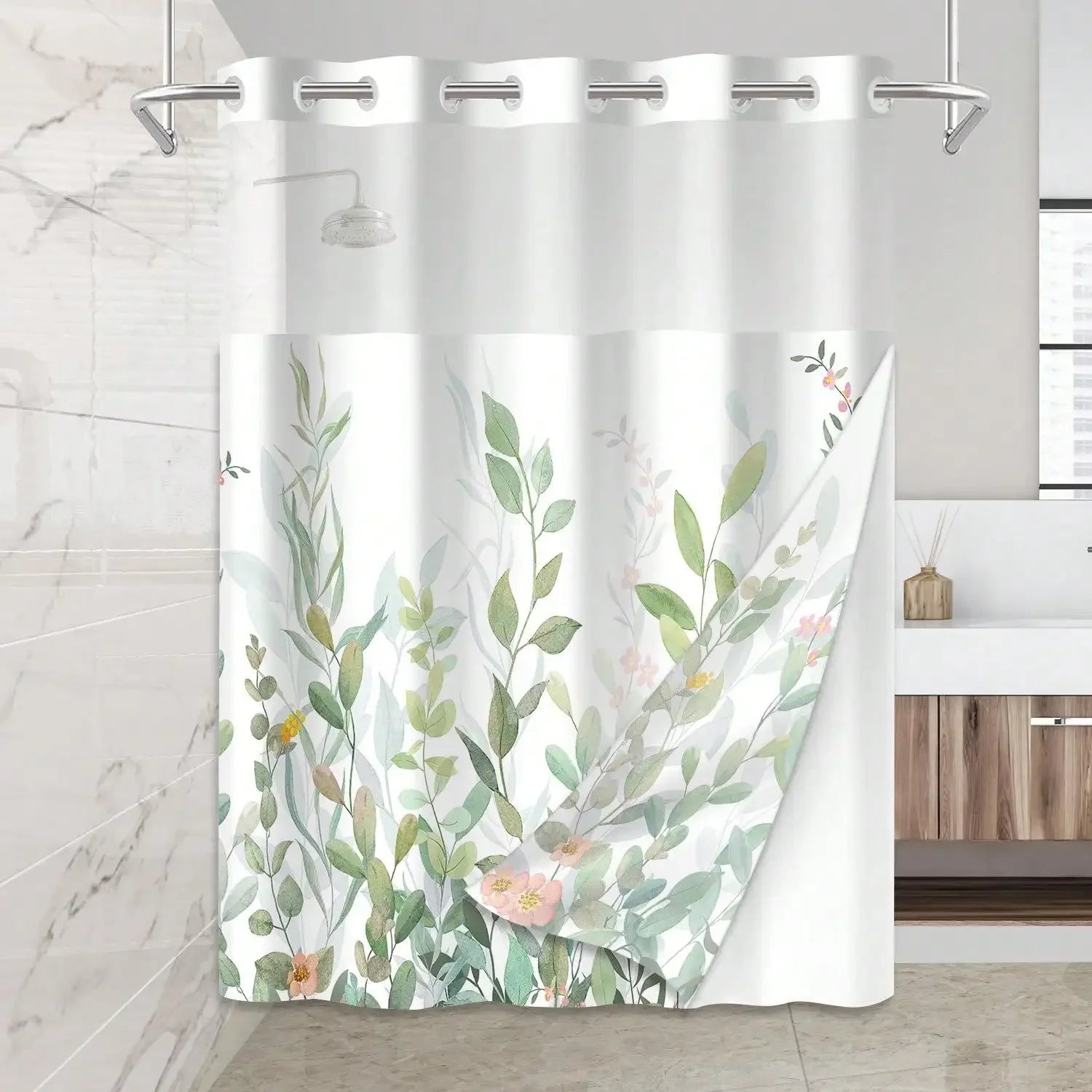 No-Hook Waterproof Shower Curtain – Plant Pattern