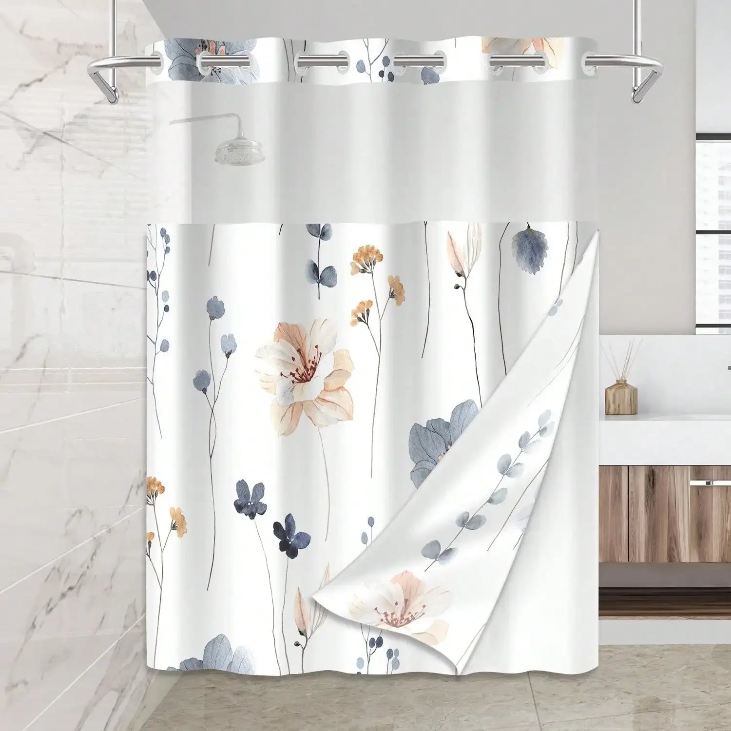 No-Hook Waterproof Shower Curtain – Plant Pattern