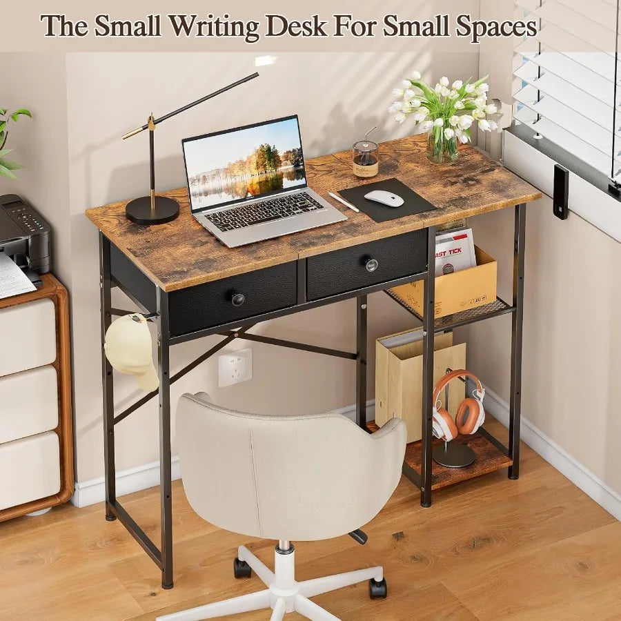 36" Small Writing Desk with Drawers & Shelves