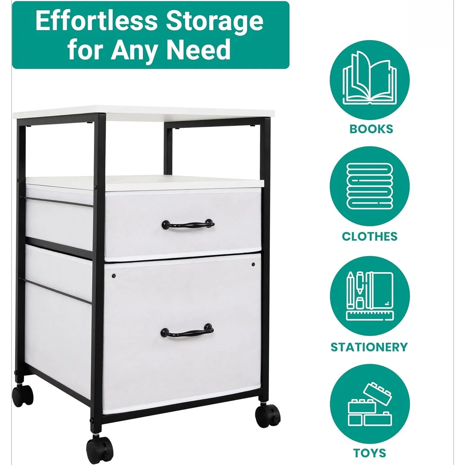 Rolling Filing Cabinet with Fabric Drawers – White