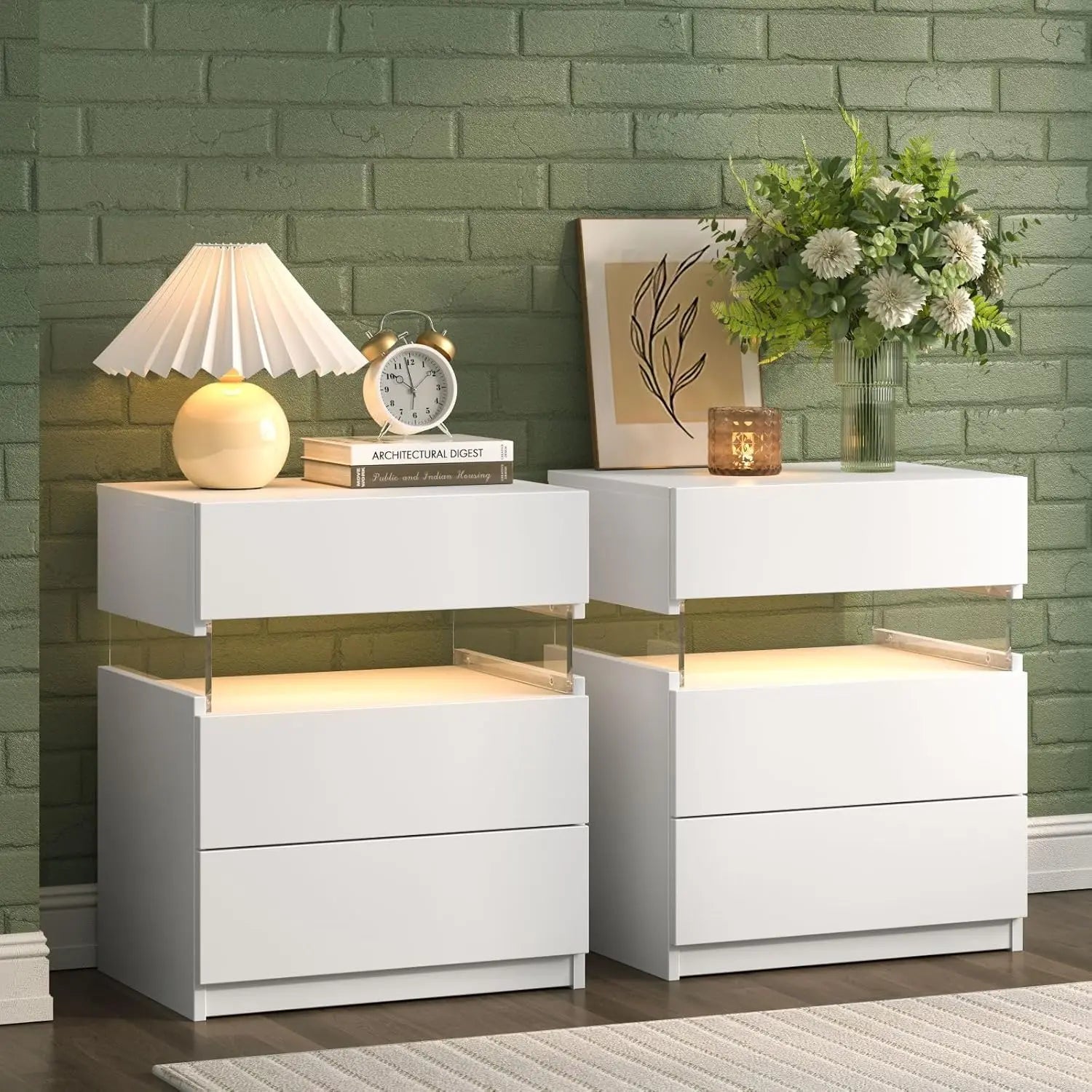 Set of 2 LED Nightstands with 3 Drawers – Modern Bedside Tables