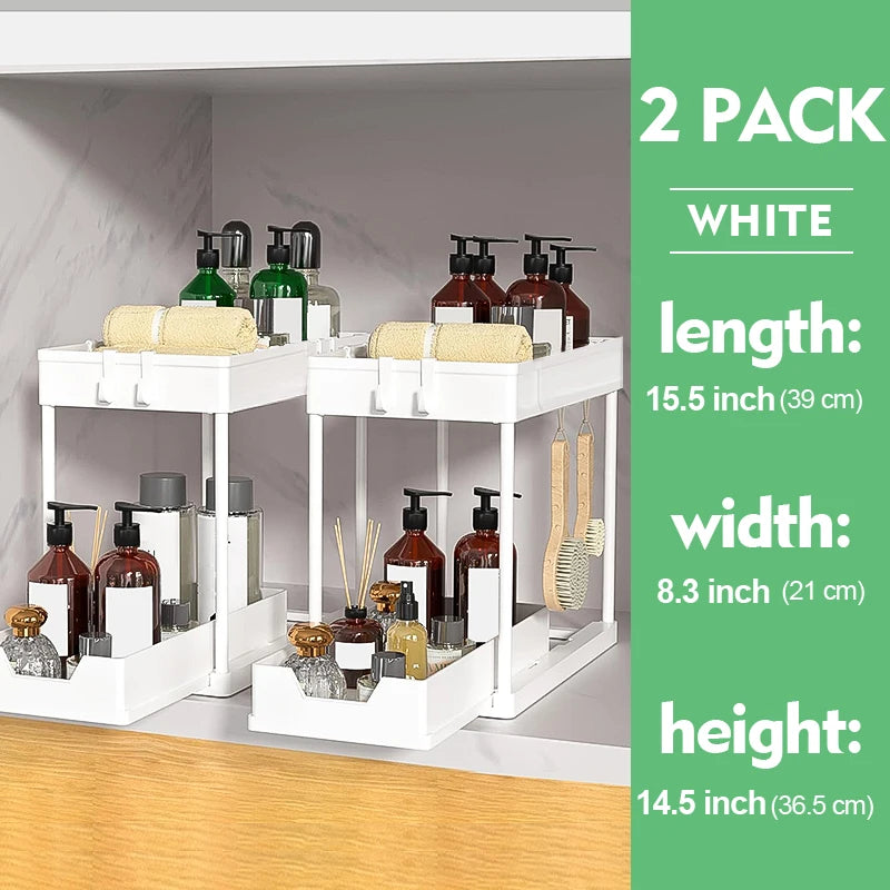 2-Tier Sliding Under Sink Organizer with Hooks