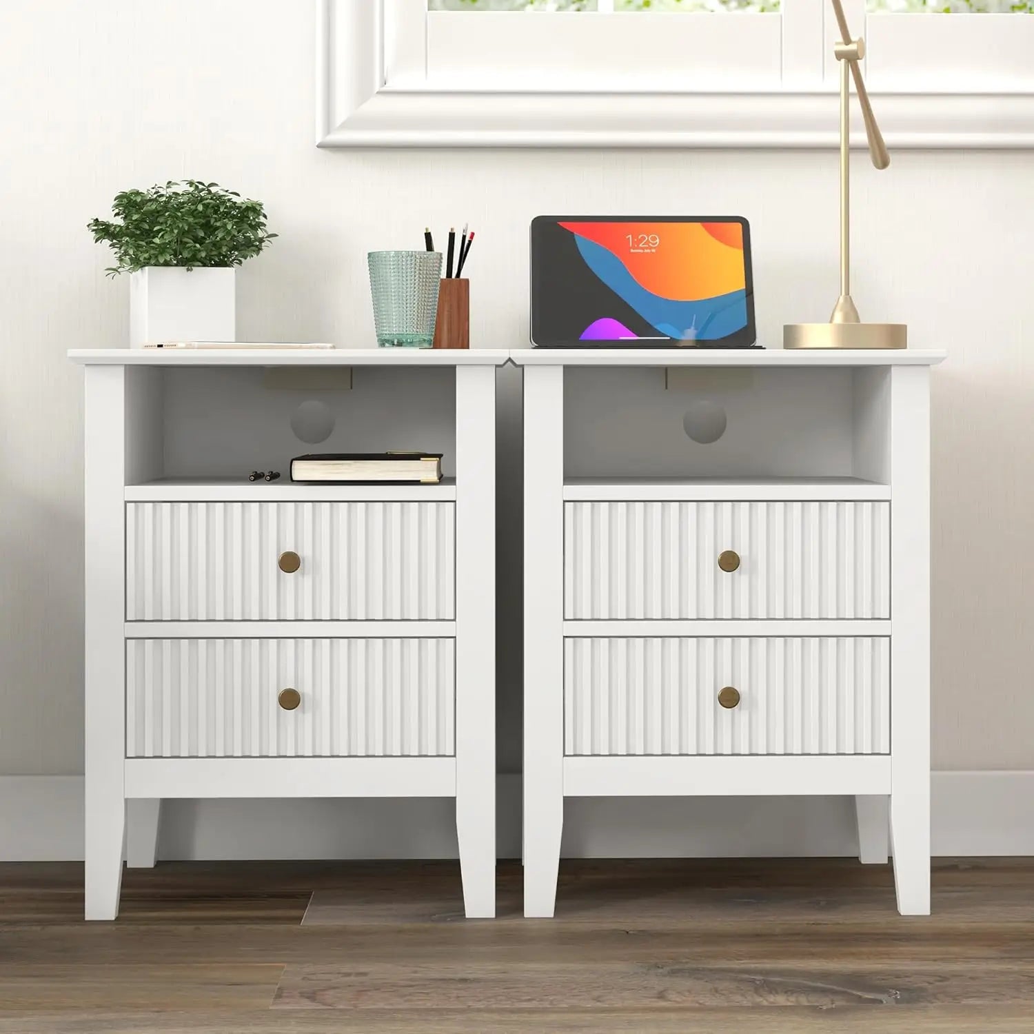 Green Fluted 2-Drawer Nightstand – Modern End Table