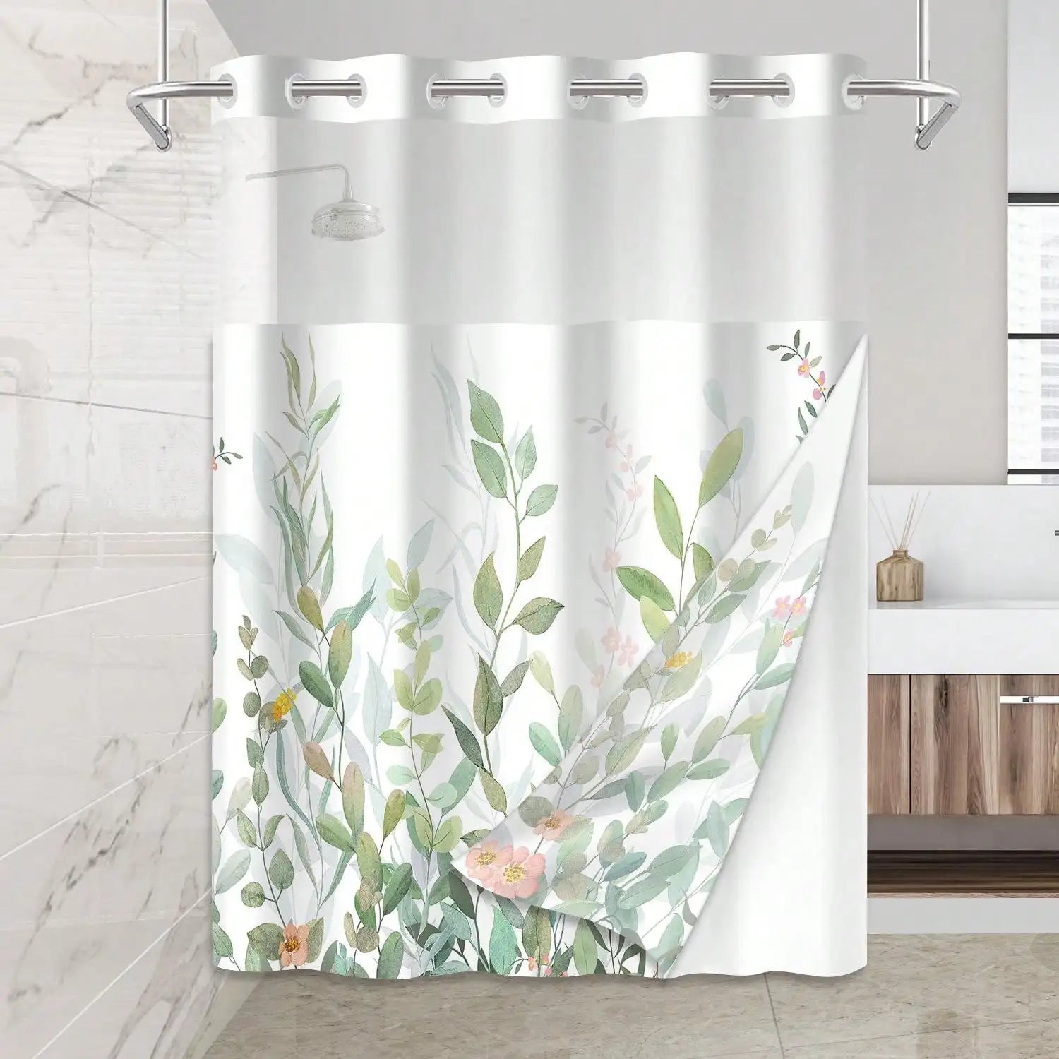 No-Hook Waterproof Shower Curtain – Plant Pattern
