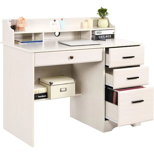 White Home Office Desk with Drawers & Hutch