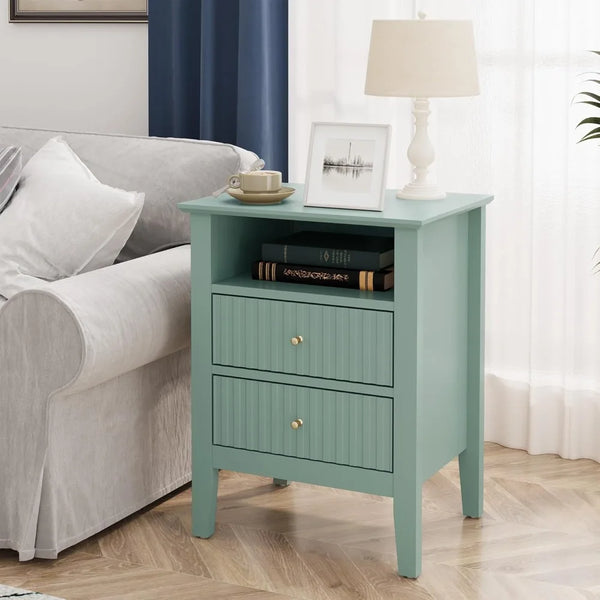 Green Fluted 2-Drawer Nightstand – Modern End Table