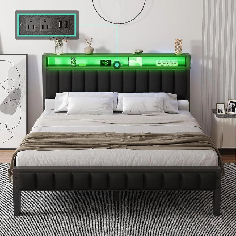Queen LED Platform Bed Frame with Storage & Charging