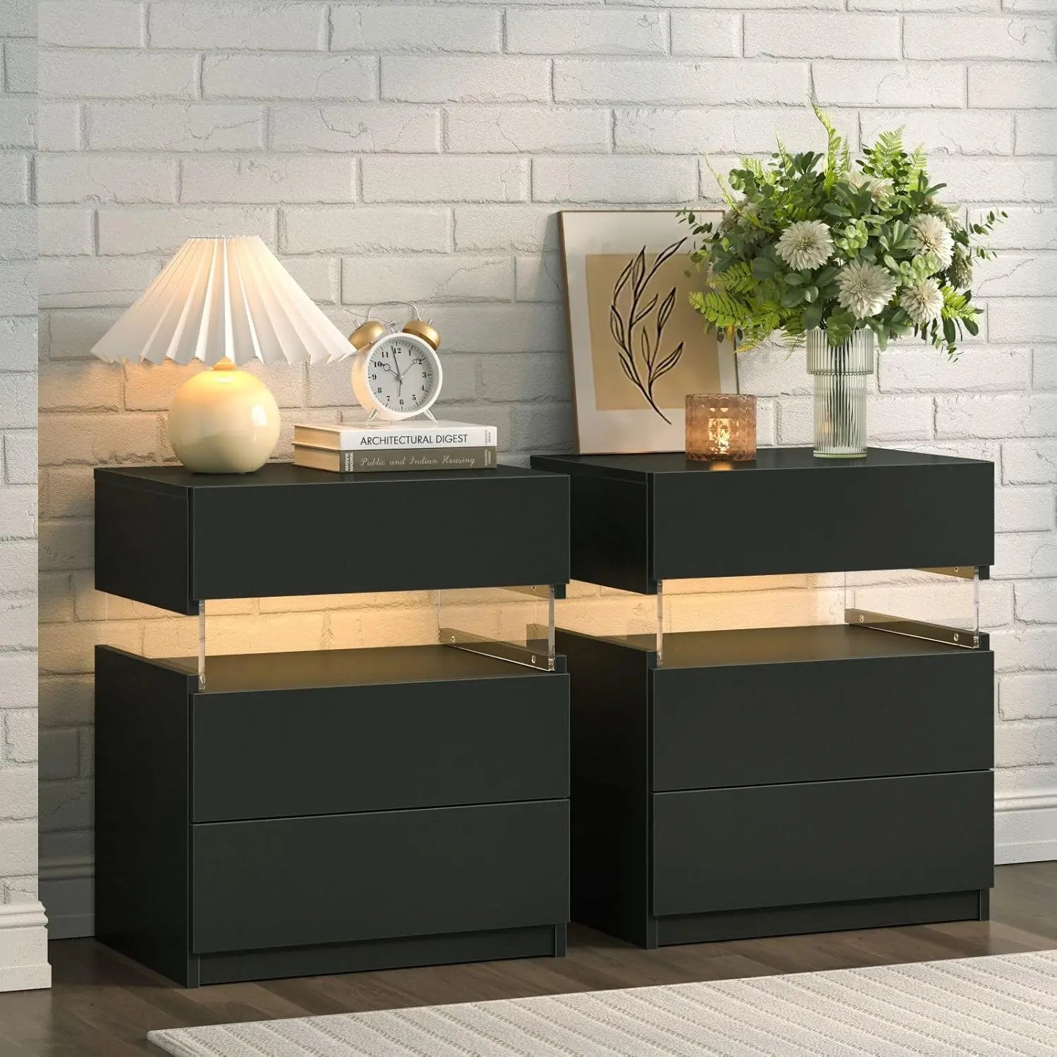 Set of 2 LED Nightstands with 3 Drawers – Modern Bedside Tables