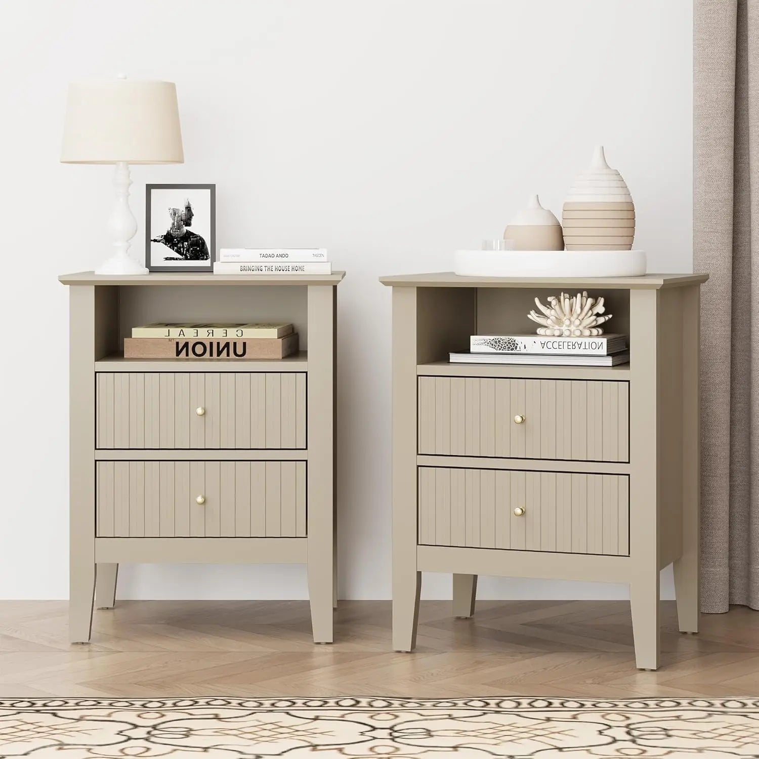 Green Fluted 2-Drawer Nightstand – Modern End Table