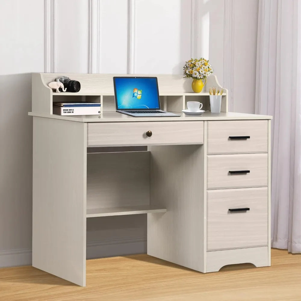 White Home Office Desk with Drawers & Hutch