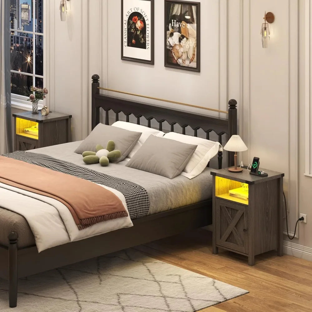 Farmhouse LED Nightstands Set of 2 with Charging Station