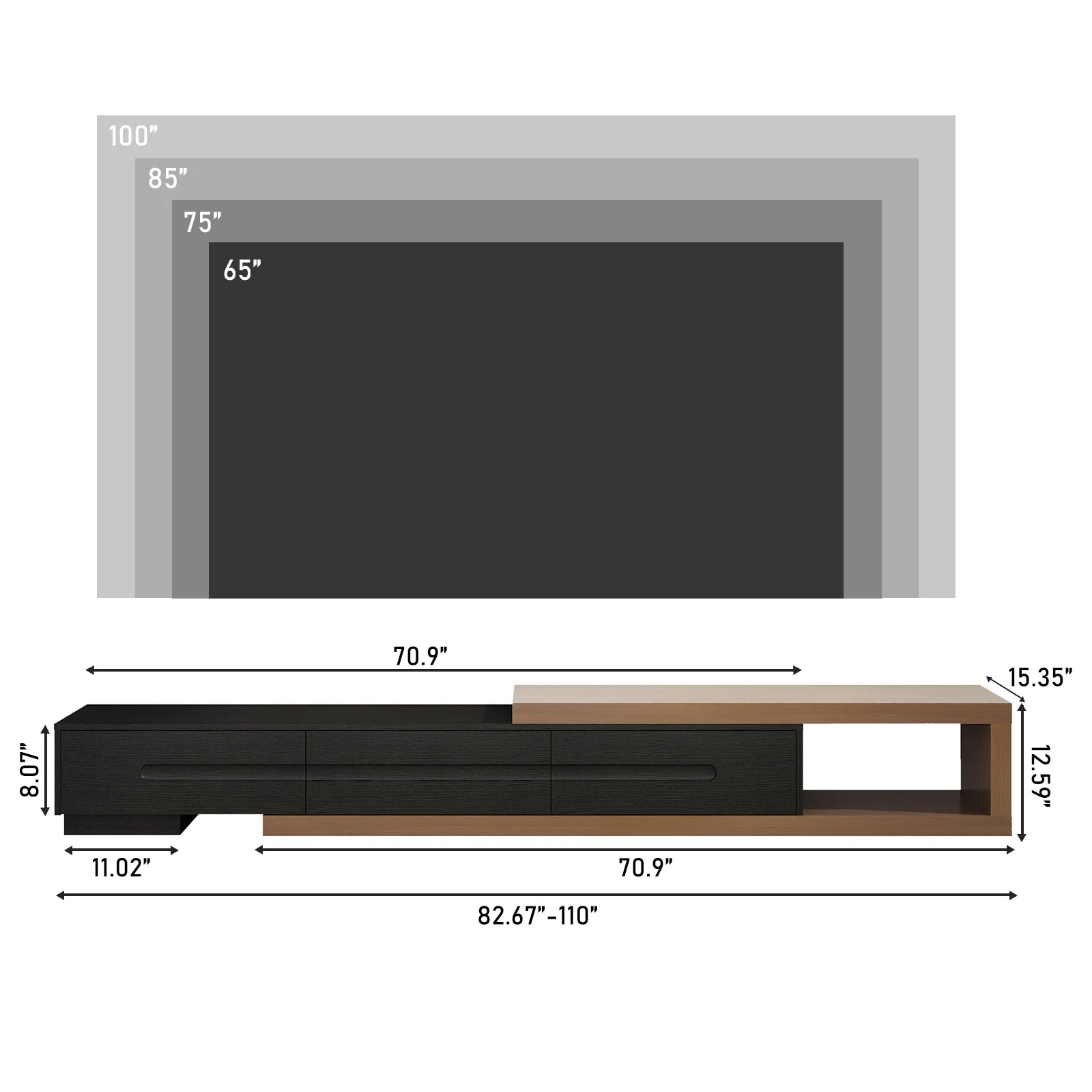 82–110" Extendable TV Stand with Drawers & Shelves