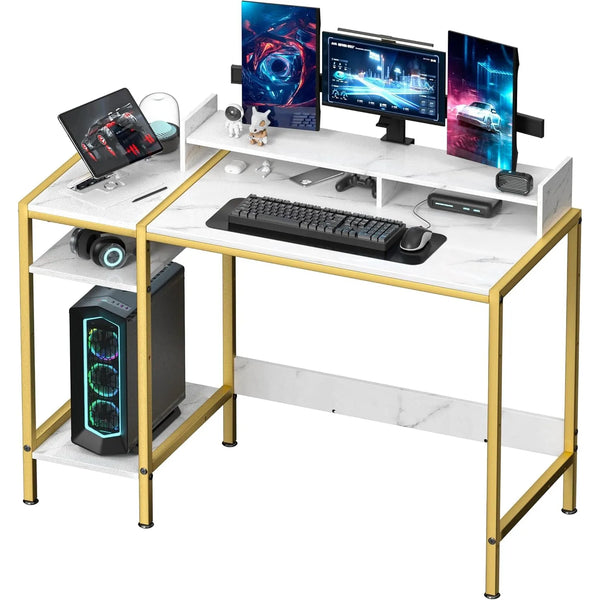 Gaming Desk with Monitor Stand & Storage – Marble Design