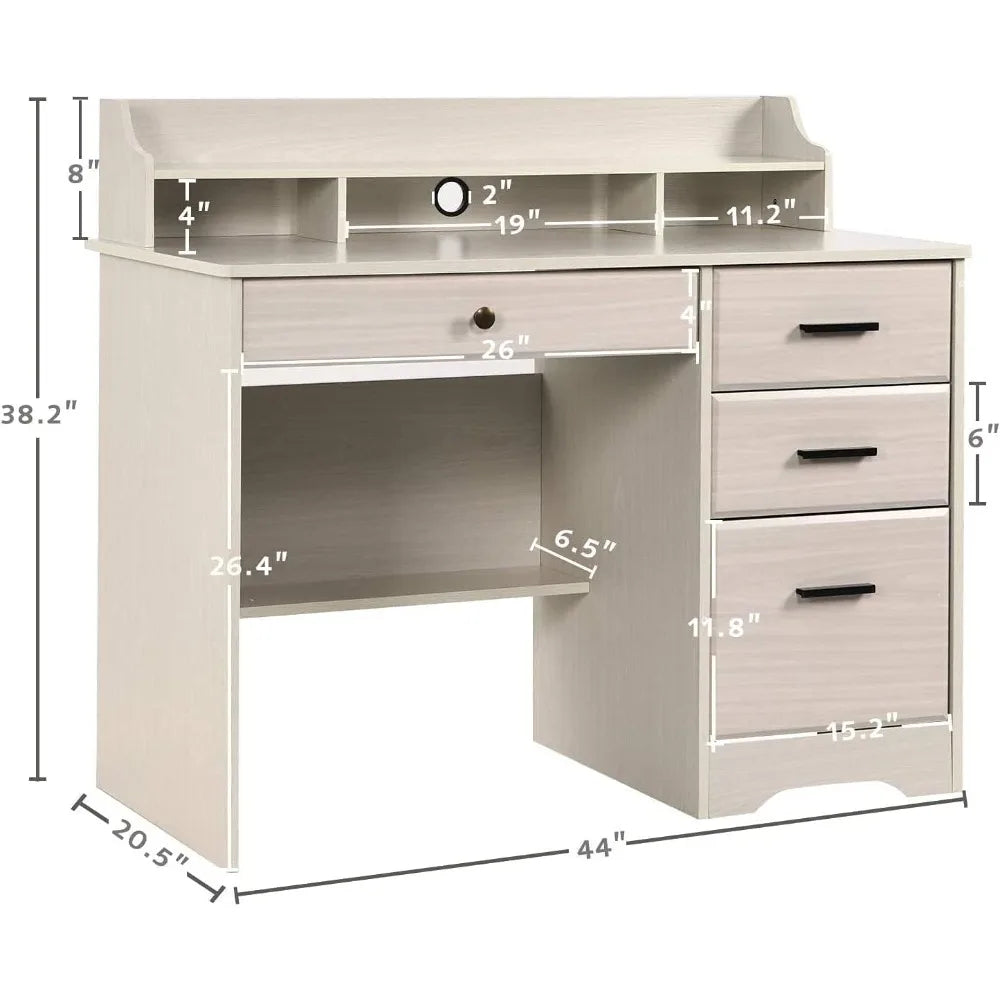 White Home Office Desk with Drawers & Hutch