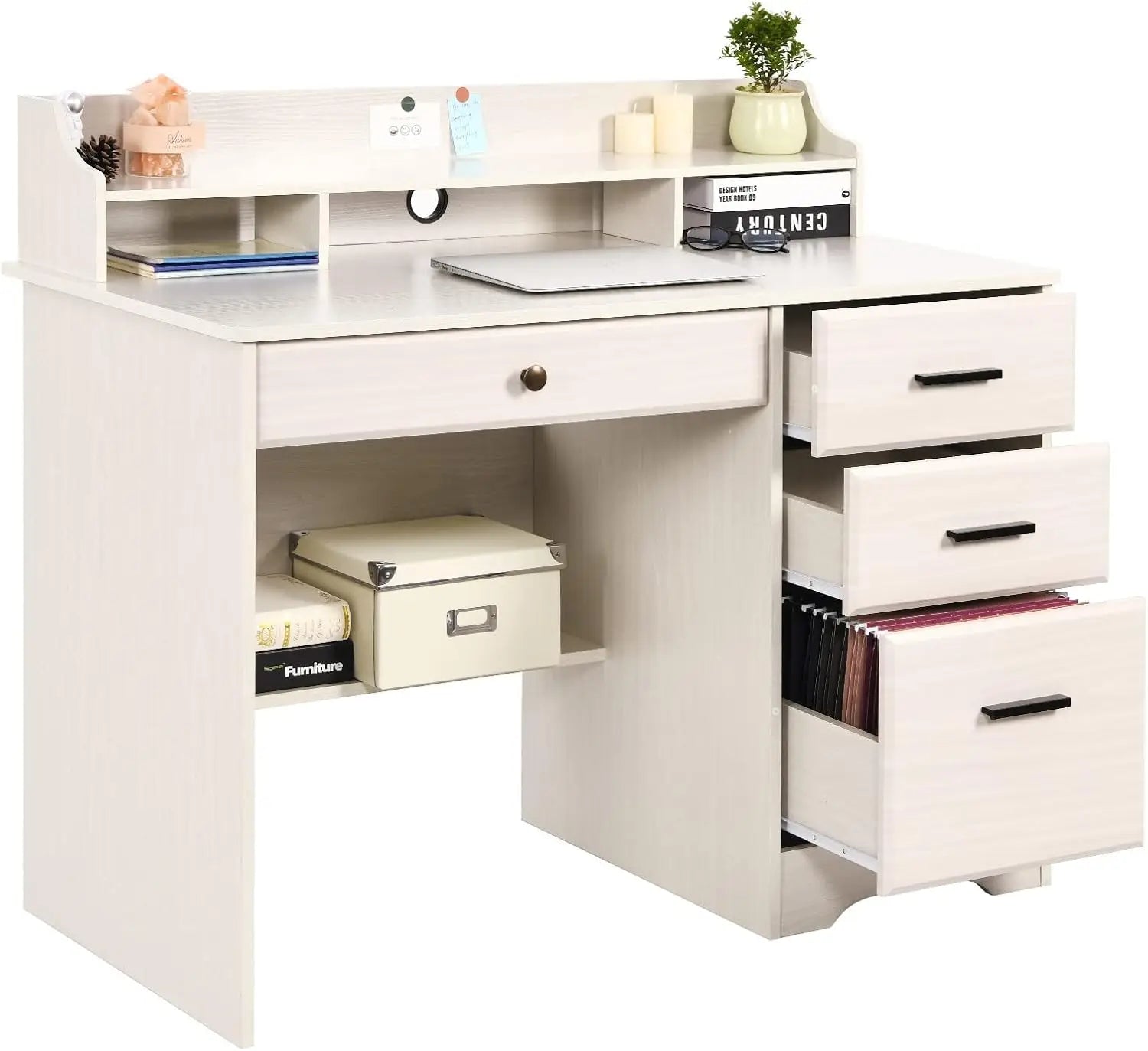 White Home Office Desk with Drawers & Hutch