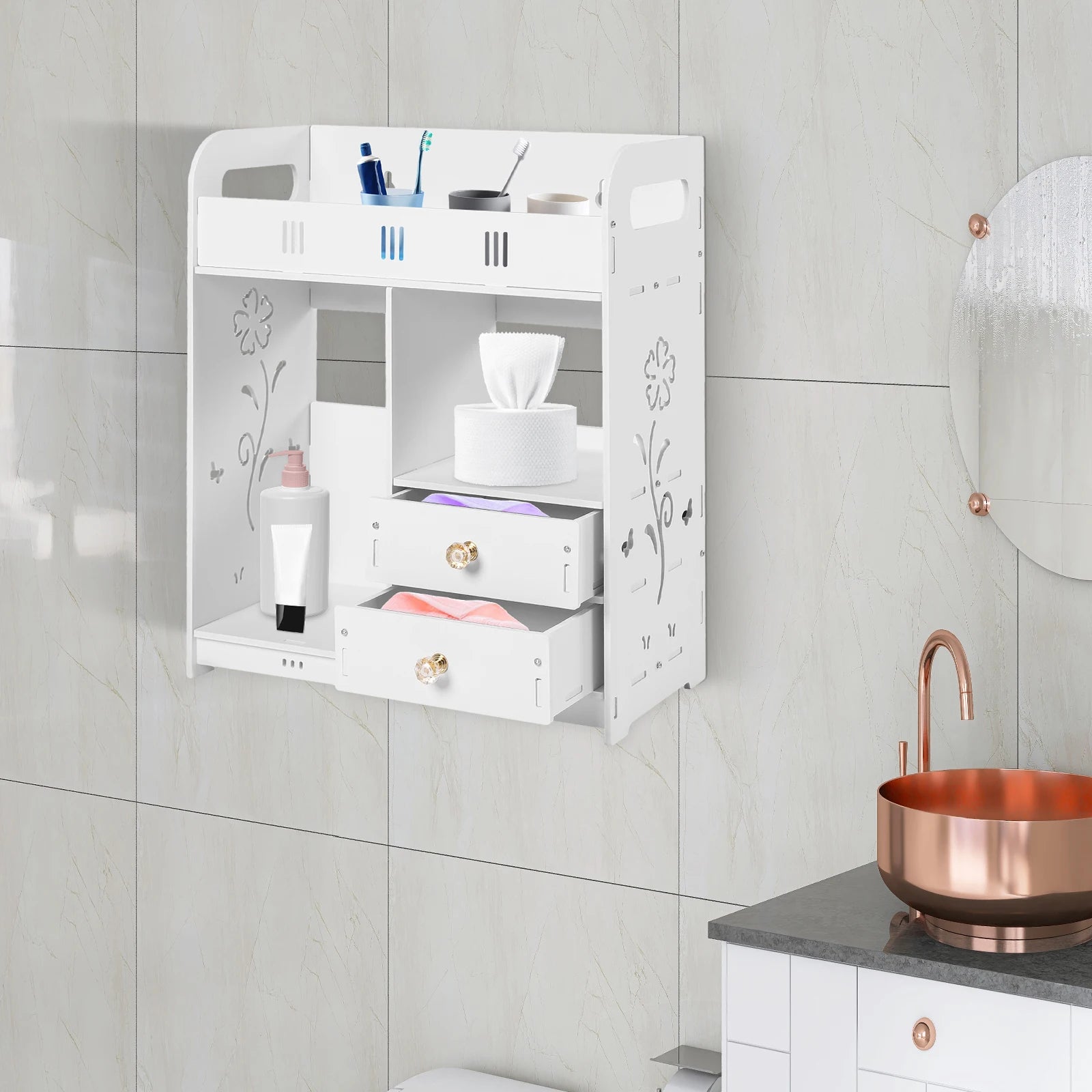White Bathroom Wall Cabinet with Drawers & Adhesive Mount