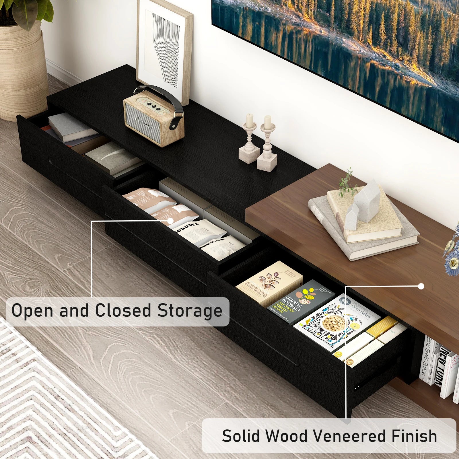 82–110" Extendable TV Stand with Drawers & Shelves