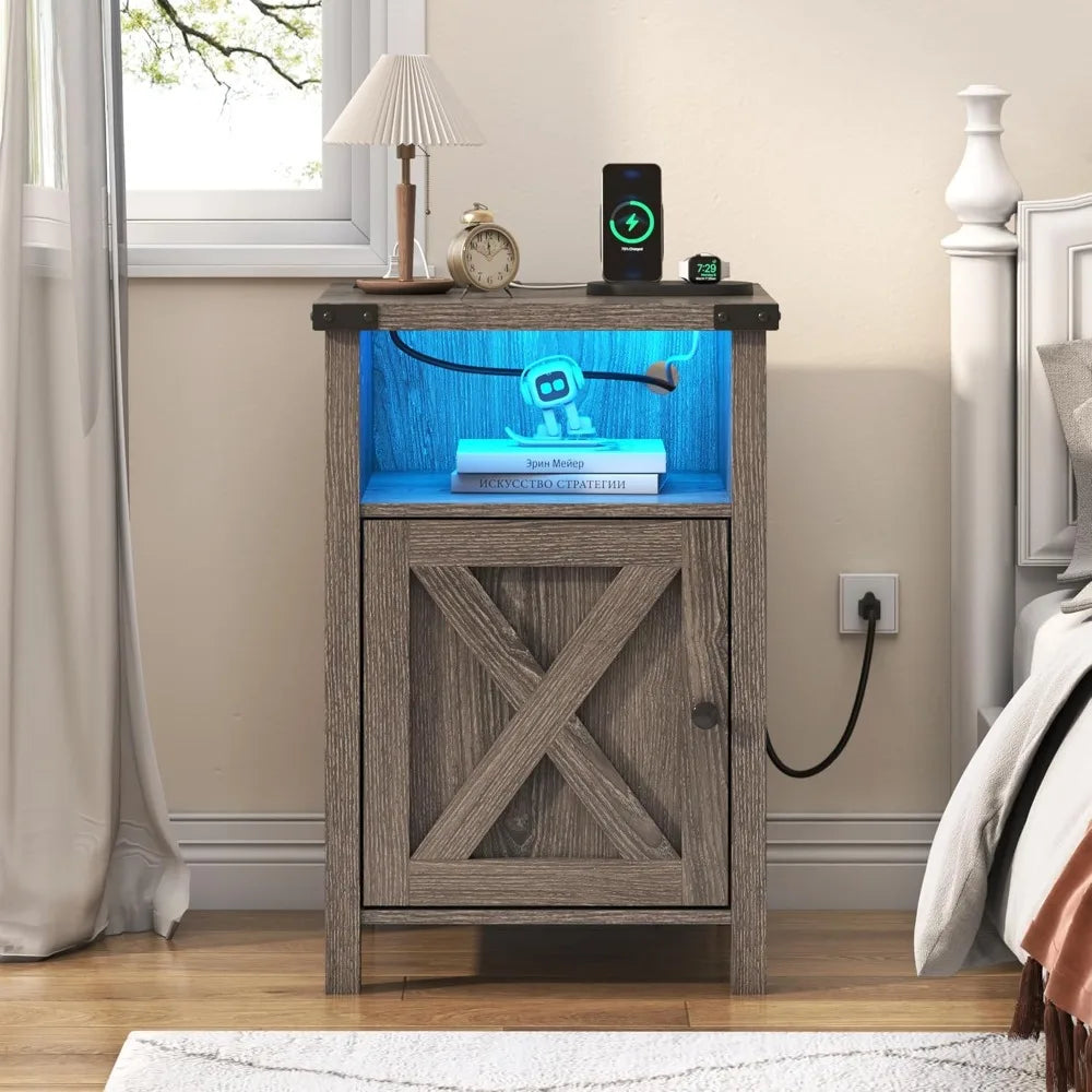 Farmhouse LED Nightstands Set of 2 with Charging Station