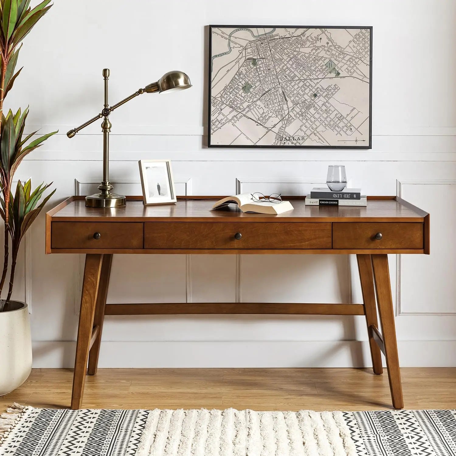 Mid-Century Home Office Desk with Charging Station
