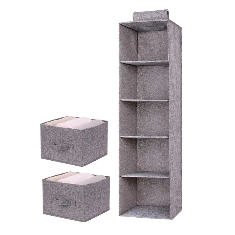 5-Layer Hanging Closet Organizer with Drawers – Cotton Linen