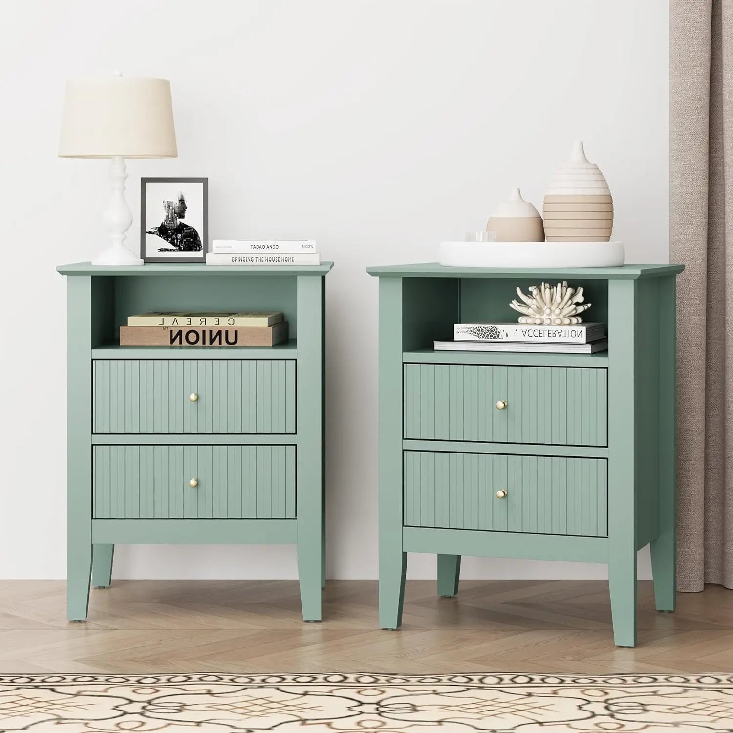 Green Fluted 2-Drawer Nightstand – Modern End Table