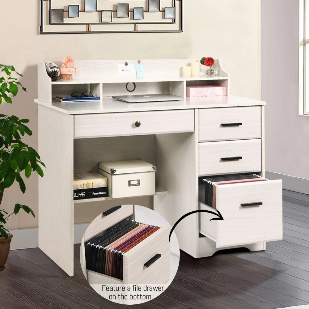 White Home Office Desk with Drawers & Hutch