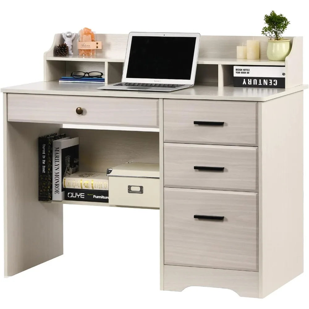 White Home Office Desk with Drawers & Hutch