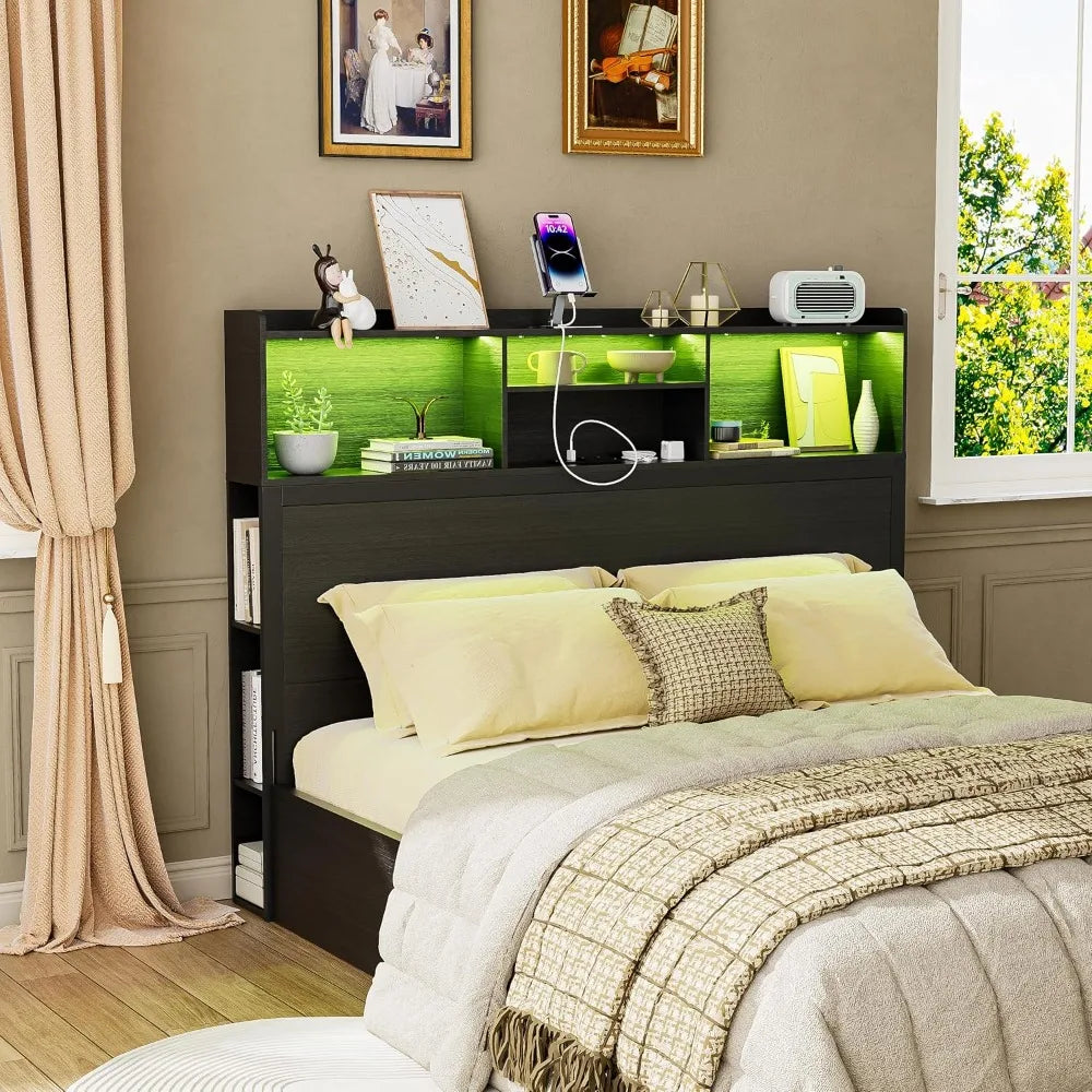 Queen/Full Bookcase Headboard with LED & Charging Station