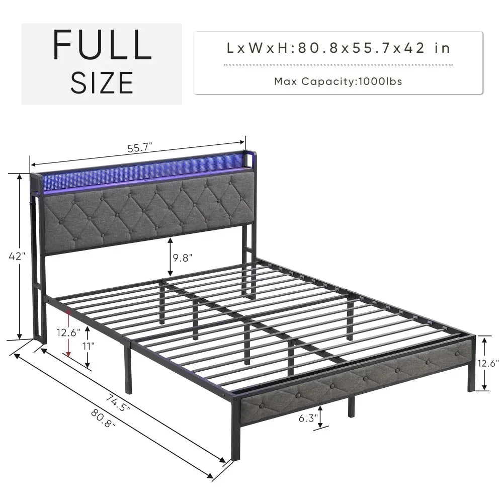 Full Upholstered Platform Bed with Storage Headboard & LED